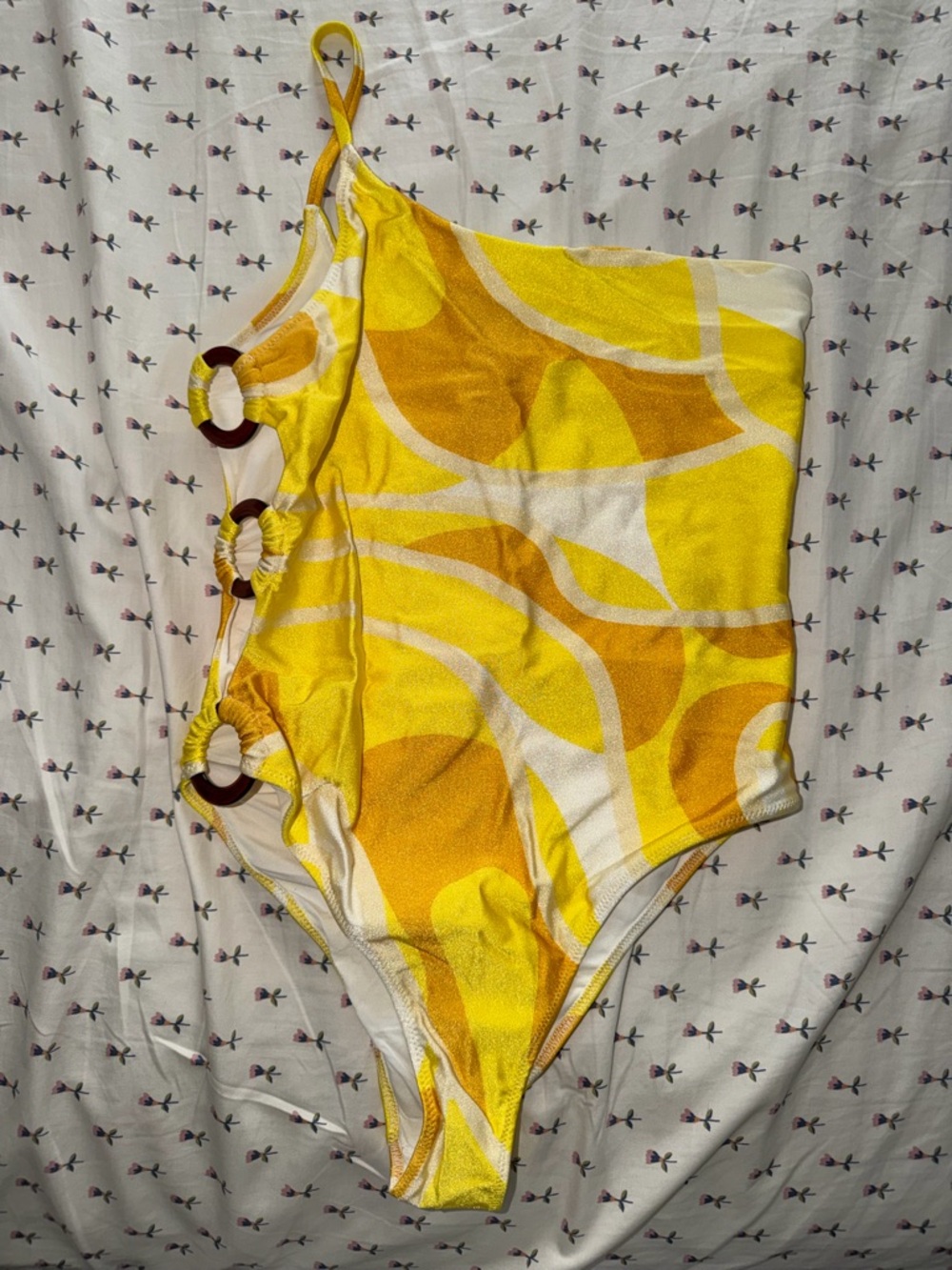 Mango Yellow and White One-Piece Swimsuit with Ring Details